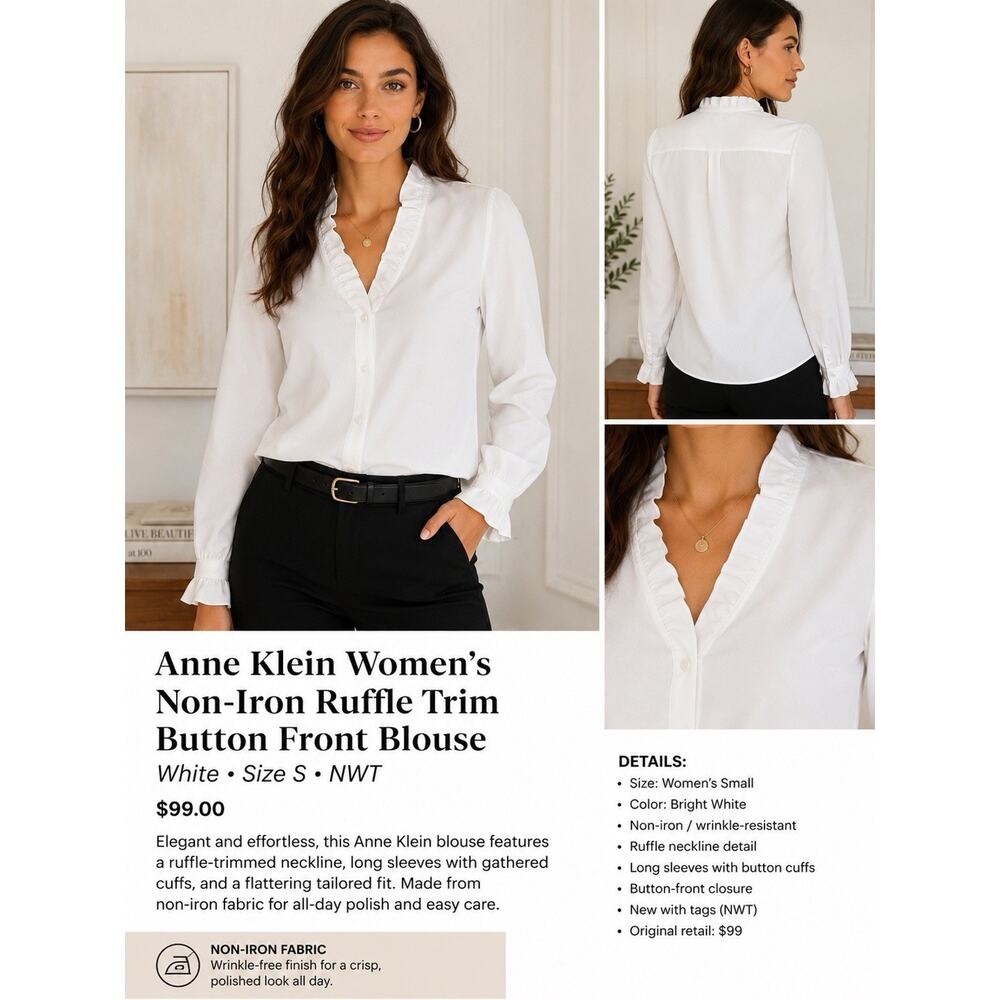 Anne Klein Women’s Non-Iron Ruffle Trim Button Front Blouse White Size S NWT $99
